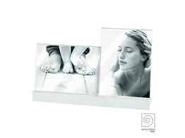 Acrylic double photo frame with wooden base white 2x13x18